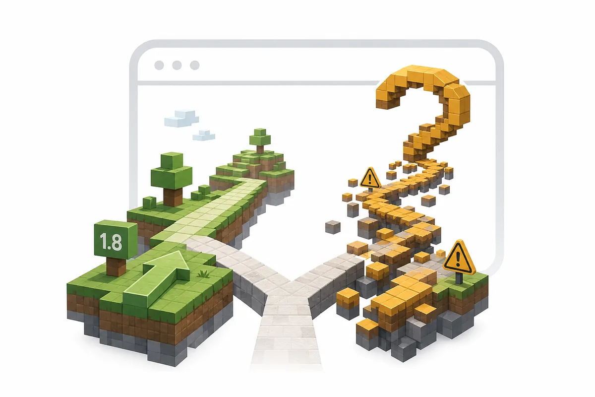 Editorial Eaglercraft 1.21 version status illustration with a stable browser path and an uncertain experimental path
