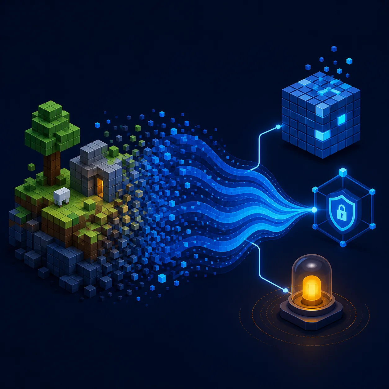 Illustration éditoriale d’un monde en blocs qui se brise en ondes de chargement avec une connexion sûre et un voyant d’alerte
