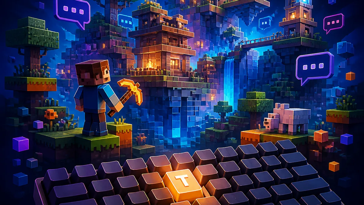 Redaktionelle Eaglercraft-Illustration mit Blockwelt, Chatblasen und leuchtender T-Taste