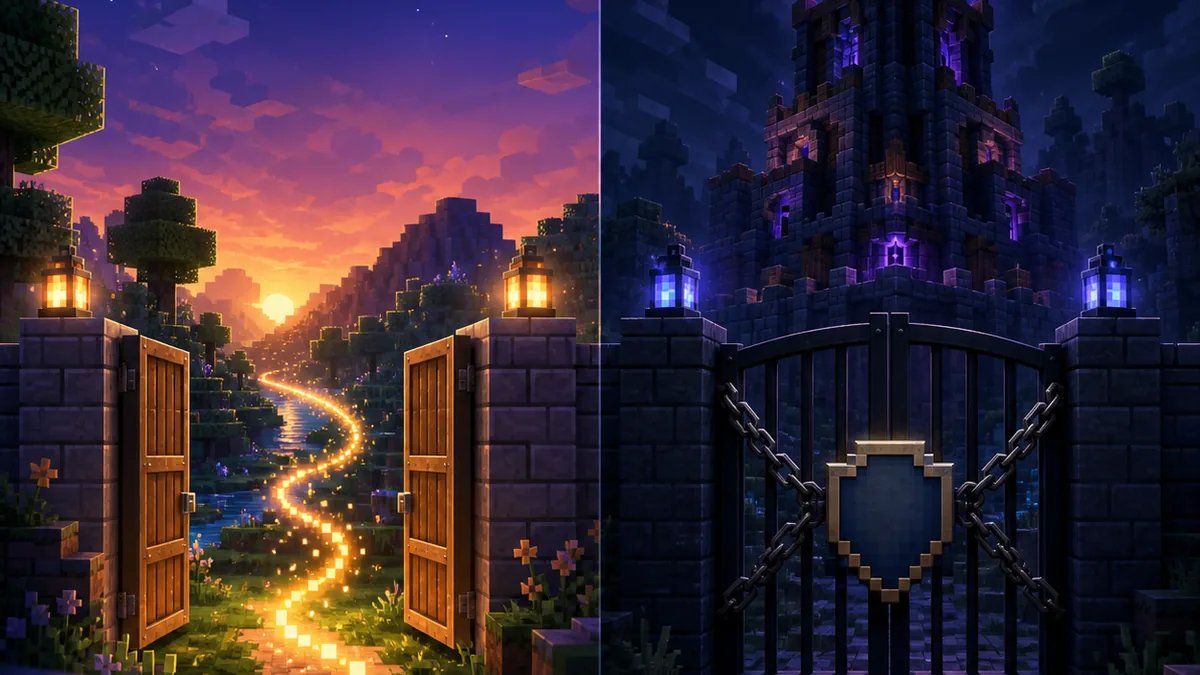 Geteilte Illustration mit offener Einzelspielerwelt und geschlossenem Tor eines Multiplayer-Servers