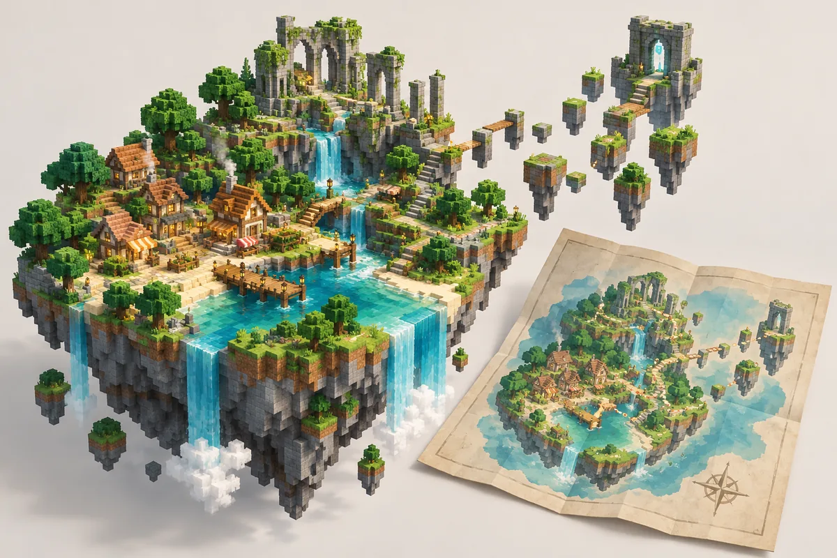 Voxel-Insel und Papierkarte als redaktionelle Illustration für benutzerdefinierte Eaglercraft Maps