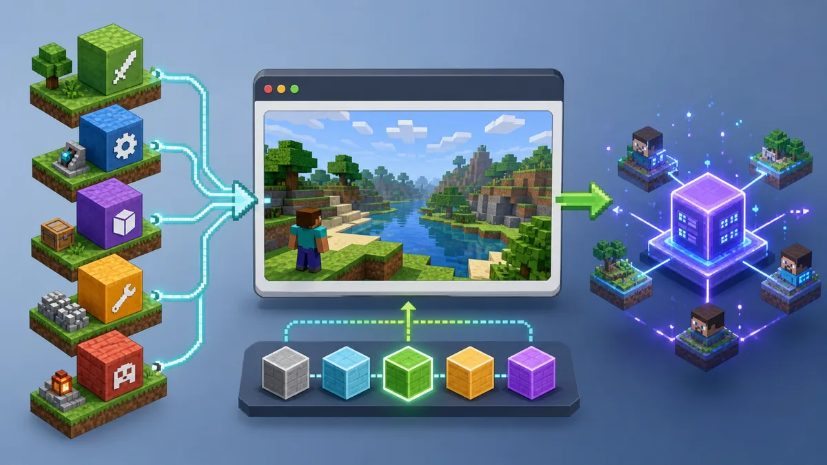 Redaktionelle Illustration zu Eaglercraft Modding mit Voxel-Welt und Browser-Codebereich