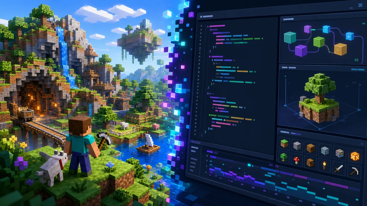Redaktionelle Illustration zu Eaglercraft Modding mit Voxel-Welt und Browser-Codebereich