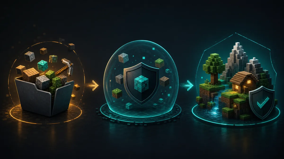 Redaktionelle Illustration zu Eaglercraft Modding mit Voxel-Welt und Browser-Codebereich