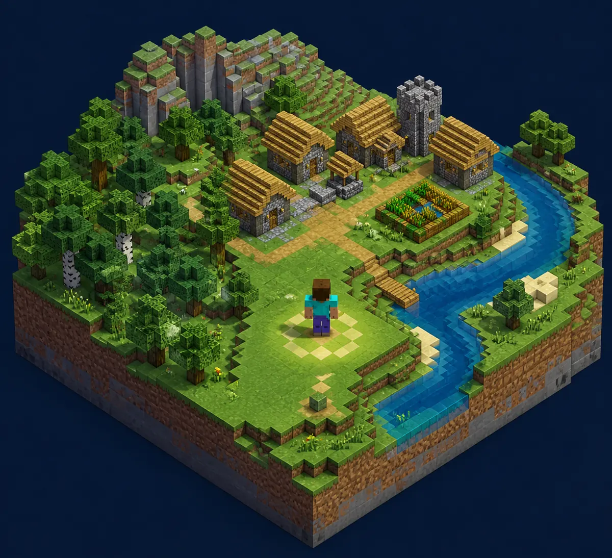 Illustration d’un point d’apparition relié à un village, une ferme, une forêt et une rivière