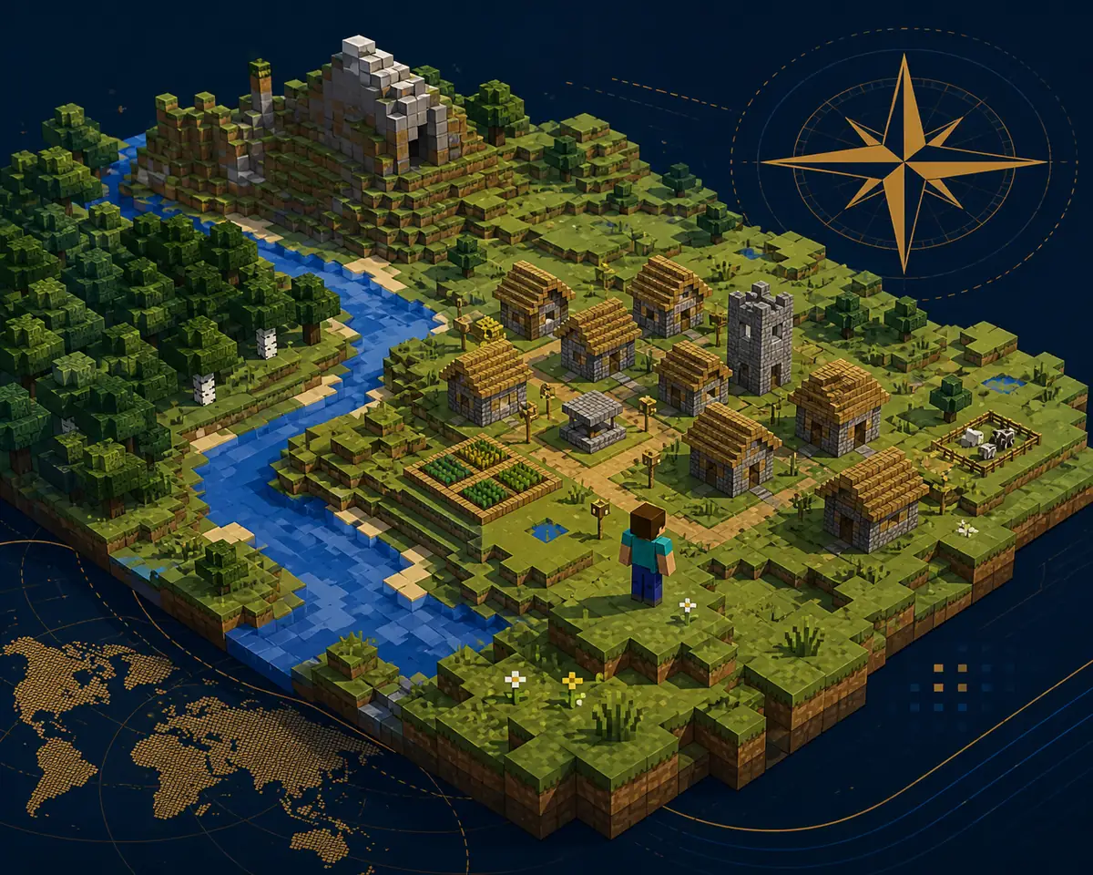 Illustration d’un village Eaglercraft près d’une rivière avec un motif de boussole