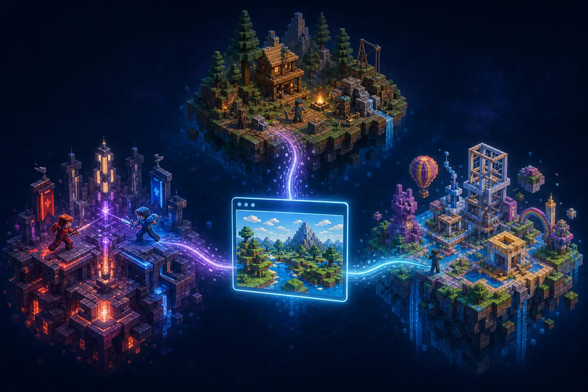 Escena editorial que muestra un navegador conectado con mundos de supervivencia, PvP y creativo