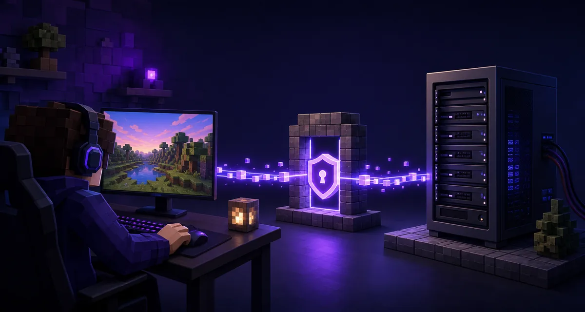 Concept illustration of a browser player connecting through a secure gateway to an Eaglercraft server