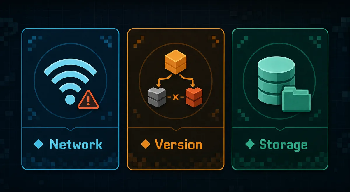 Editorial comparison graphic for network version and storage causes of Eaglercraft shared world failures