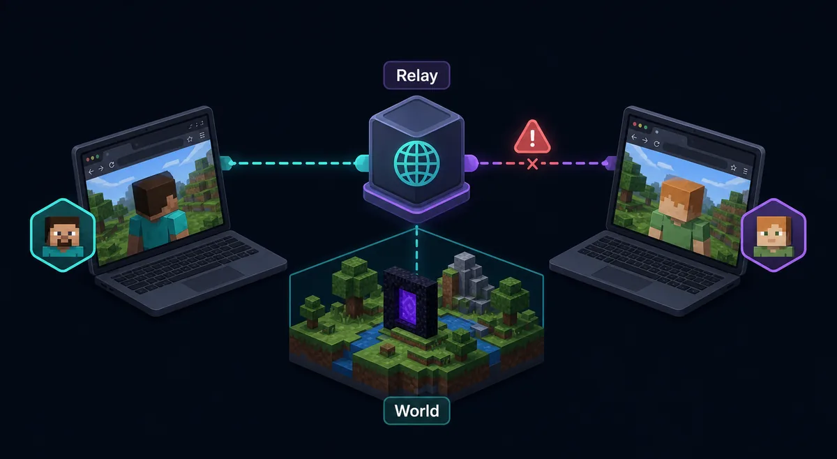 Editorial diagram showing an Eaglercraft shared world connection path through a relay