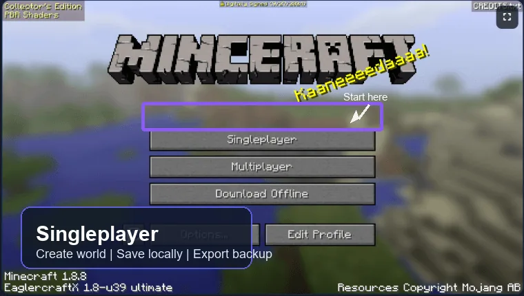 Eaglercraft main menu with the Singleplayer button highlighted