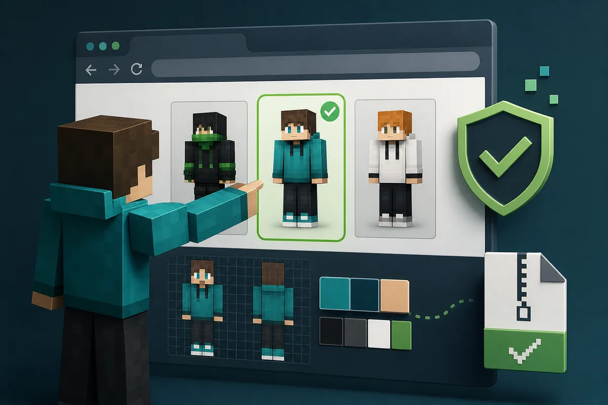 Illustrazione editoriale di un giocatore Eaglercraft che sceglie una skin sicura nel browser