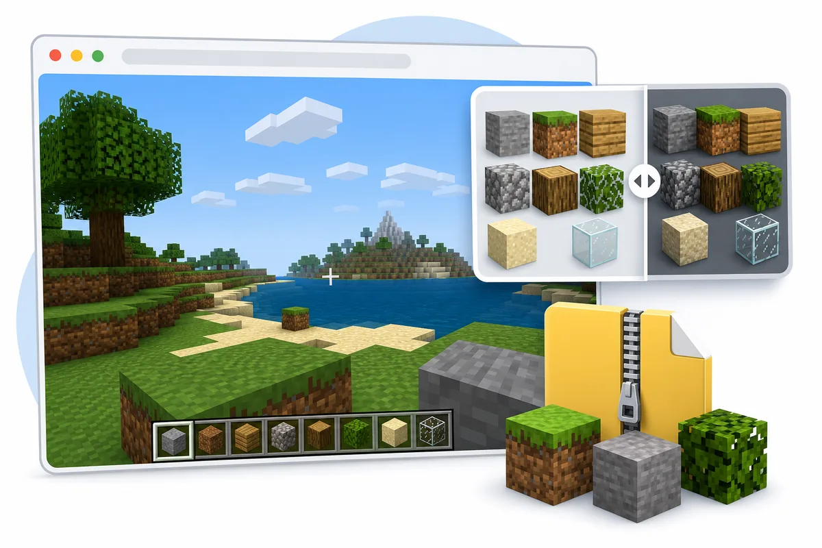 Editoriale Illustration zu Eaglercraft Texture Packs mit Blöcken, Browser und ZIP-Datei