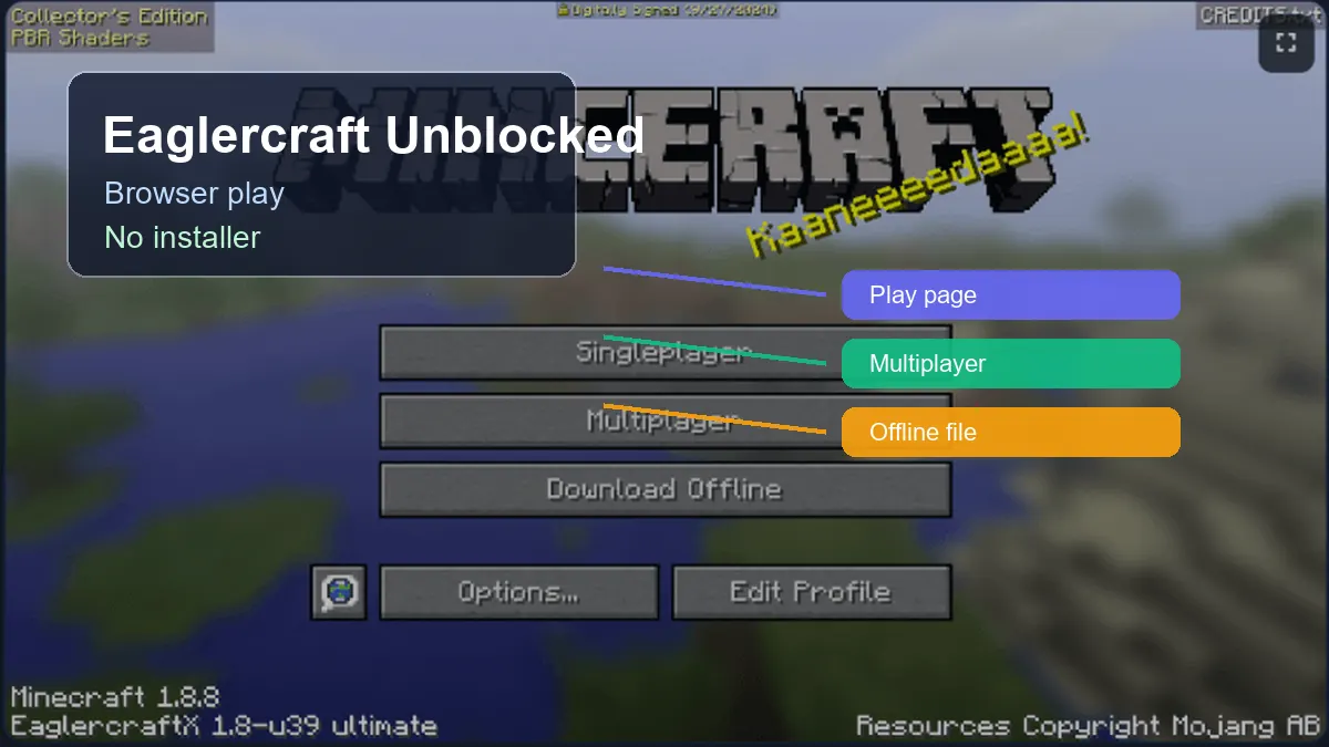 Guide Eaglercraft unblocked avec capture réelle du menu du jeu dans le navigateur et courts libellés pour jouer, multijoueur et fichiers hors ligne