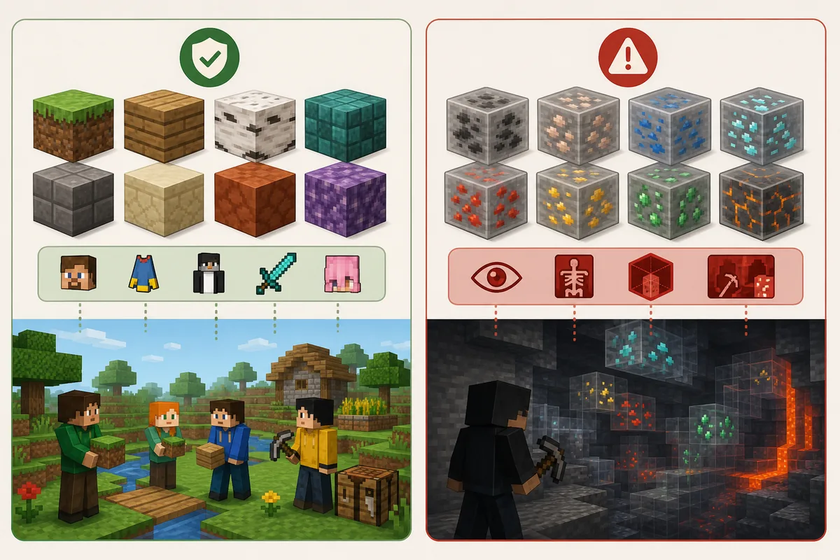 Comparaison entre texture packs normaux Eaglercraft et packs de type X-ray plus risqués