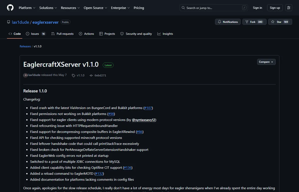 Official GitHub release page showing EaglerXServer version 1.1.0